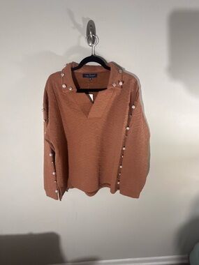 Cozy Pearl-Trim Hooded Pullover - Rust